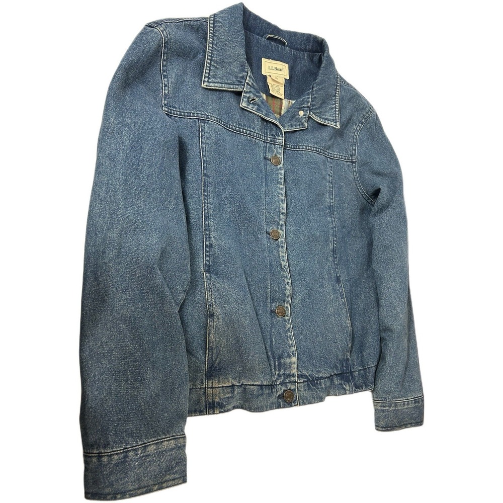Vtg LL Bean Women's Denim Jacket Plaid Lined Shacket Blue Button Up Large 0 YR85